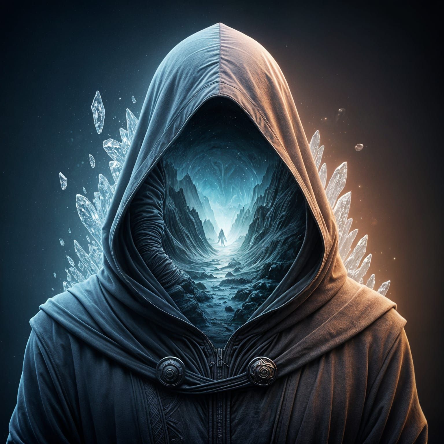 Hooded Figure Dissolving into Ice, Hyperrealistic Digital Ar...