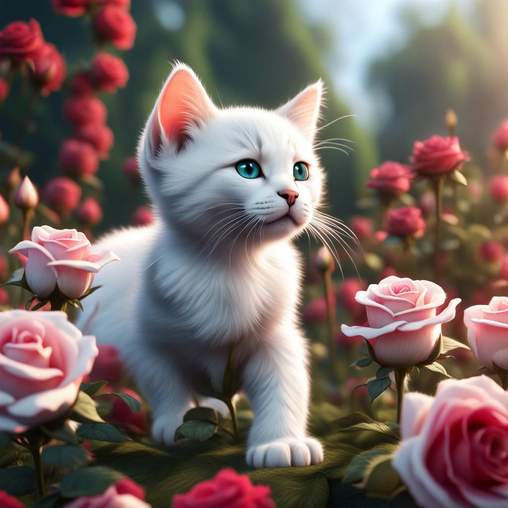 Hyper-Realistic White Kitten with Colorful Roses