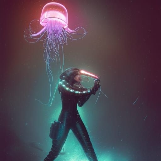 Jellyfish Warrior in Leather Outfit: Hyperrealistic Art