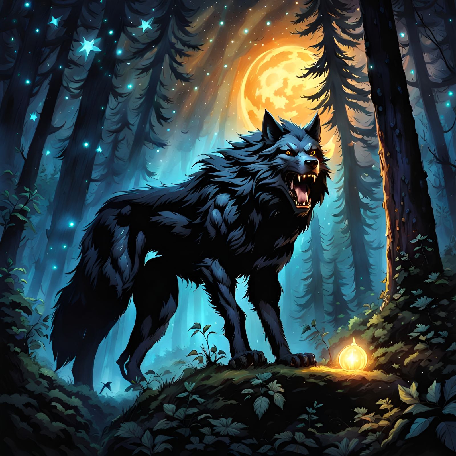 Glowing Black Werewolf in Magical Forest Portrait