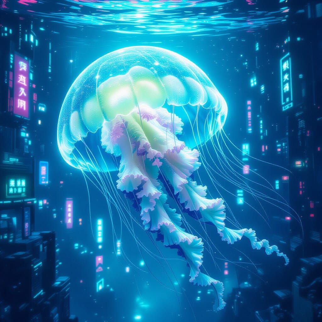Bioluminescent Jellyfish in Neon Underwater City