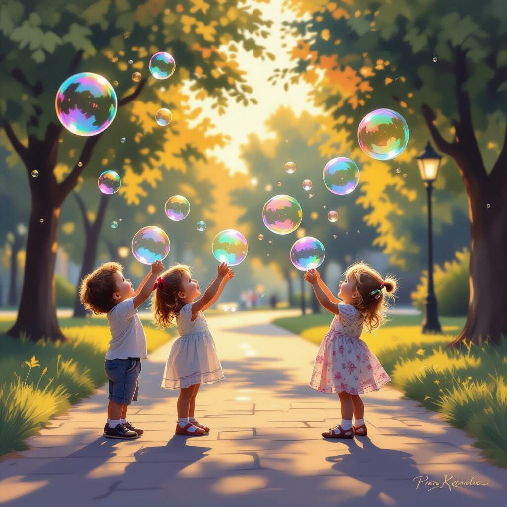 Children Blowing Bubbles in Golden Dusk Light