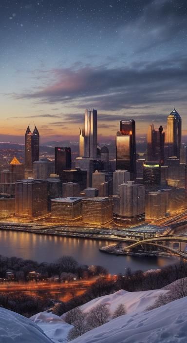 Snowy Pittsburgh Skyline: Hyperrealistic Splash Art