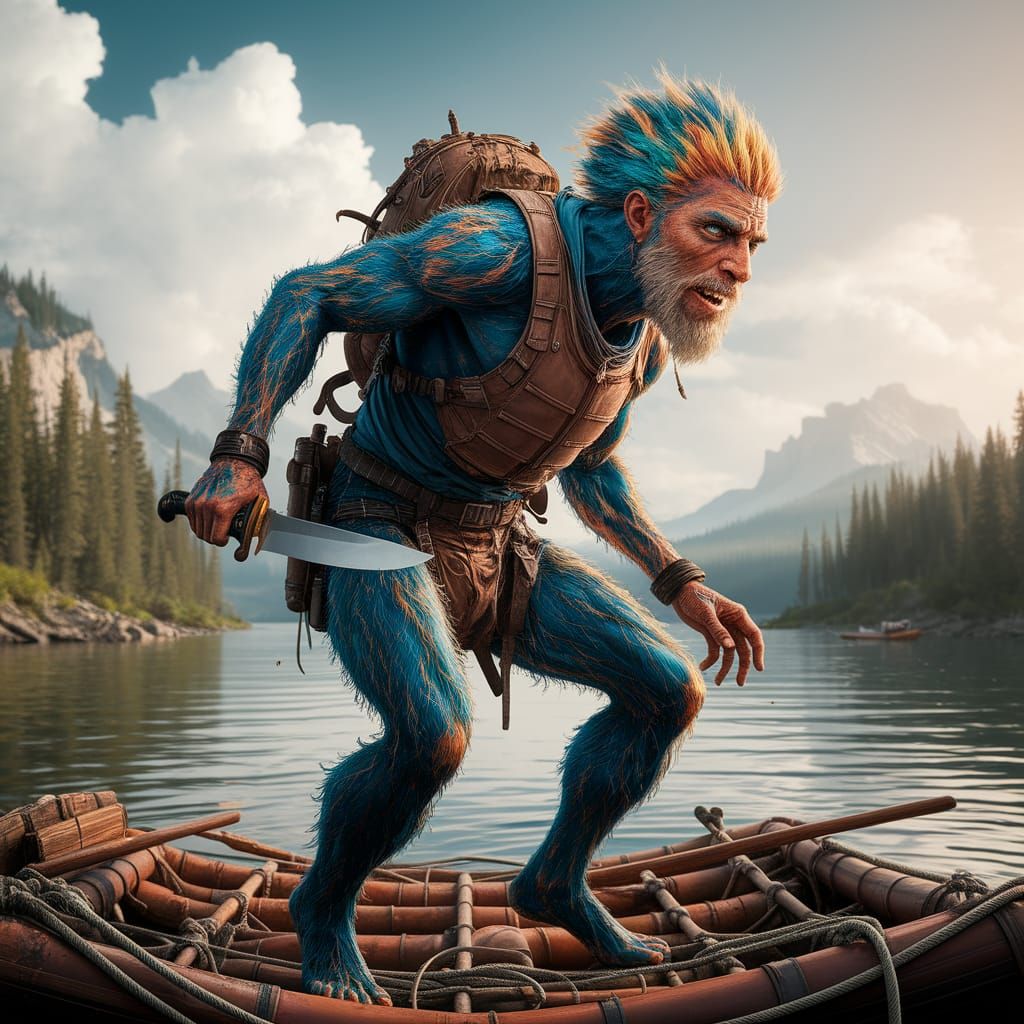 Cautious Figure Steps onto Raft with Knife
