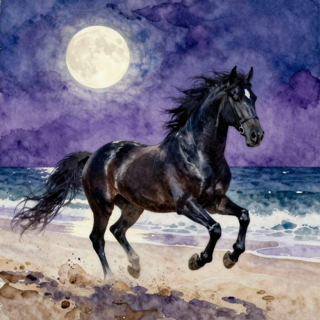 Black Horse Gallops on Moonlit Beach in Watercolor Style