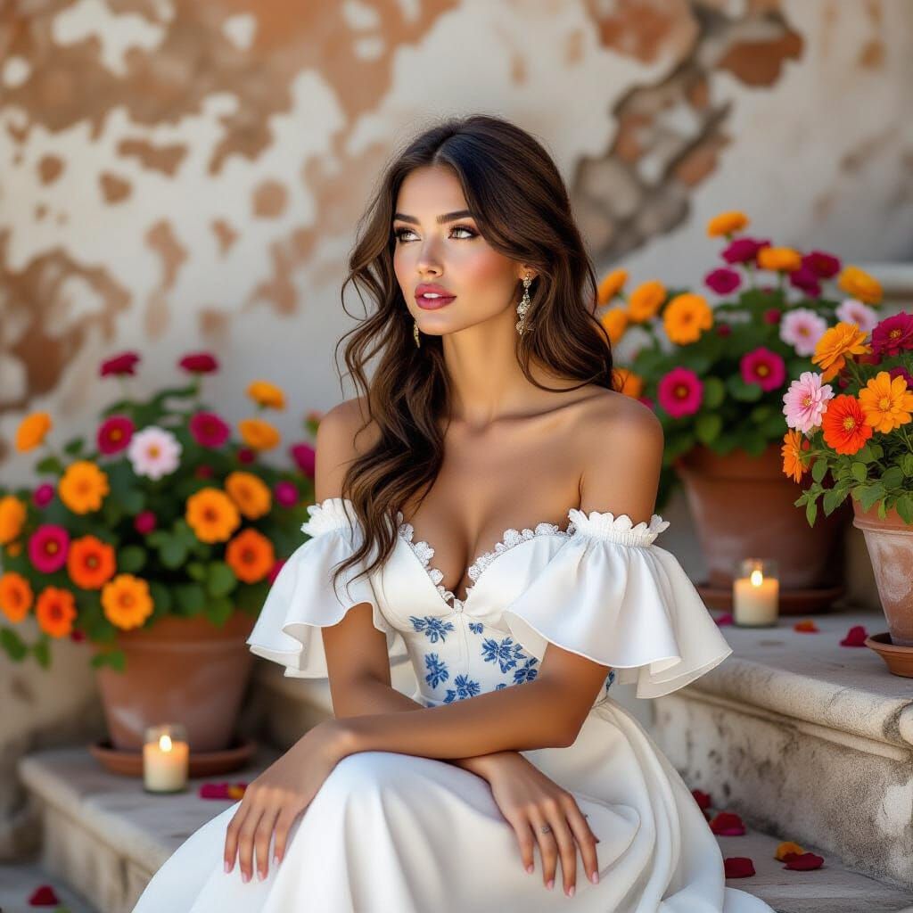 Elegant Woman in Floral Dress on Stone Steps