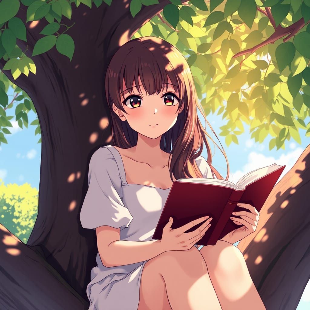Anime Girl Reading in Tree, Cel-Shaded Manga Art