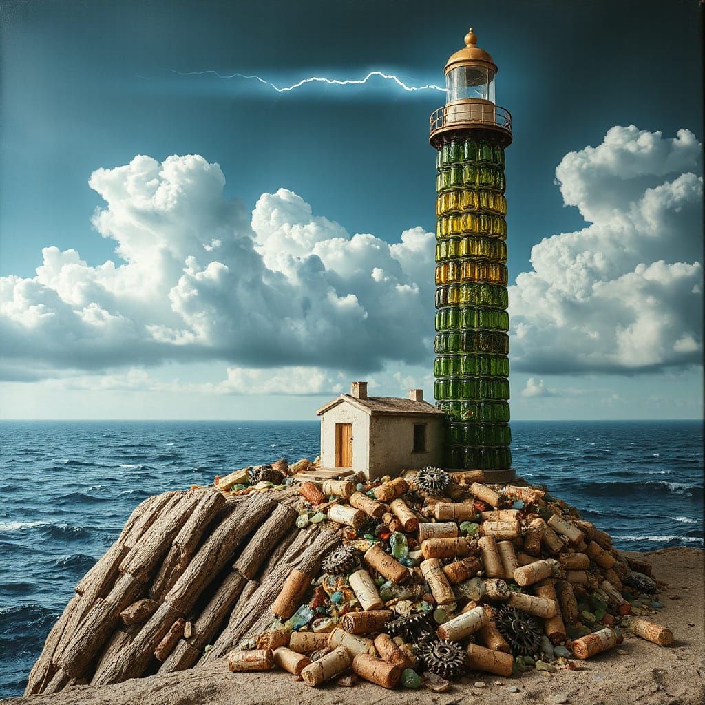 Glass Bottle Lighthouse with Storm Clouds, Trompe L'oeil