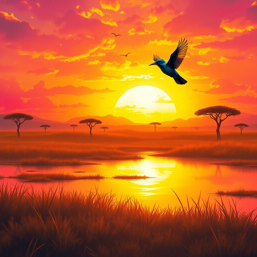 Vibrant African Sunrise with Birds in Flight over a Tranquil...