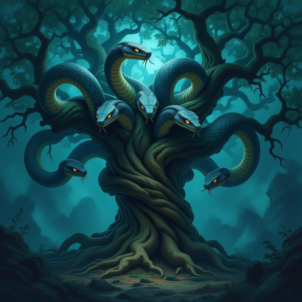 Menacing Multi-Headed Snake Encircling Ancient Tree