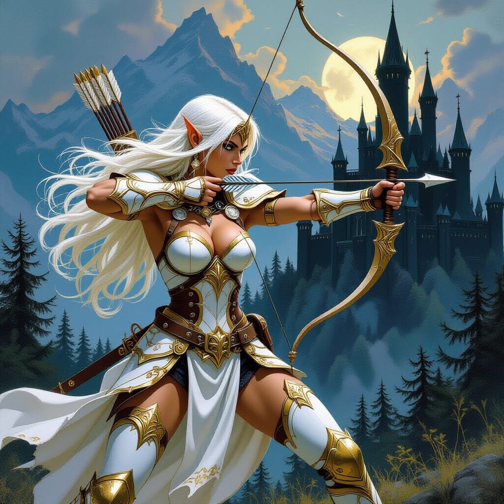 Elven Warrior Woman in Golden Armor, Fantasy Art