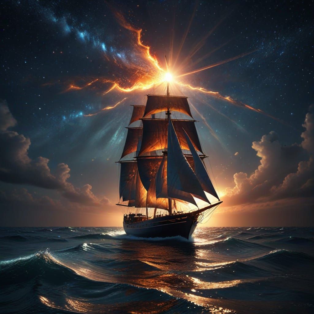 Moonlit Sailboat on a Living Sea with Cosmic Sky
