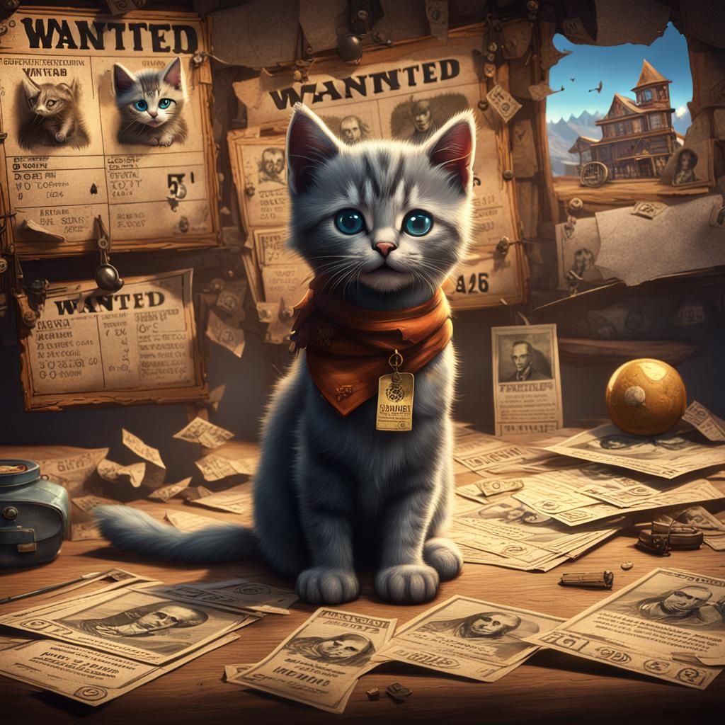 Kitten Outlaw with Wanted Poster, Digital Matte Painting