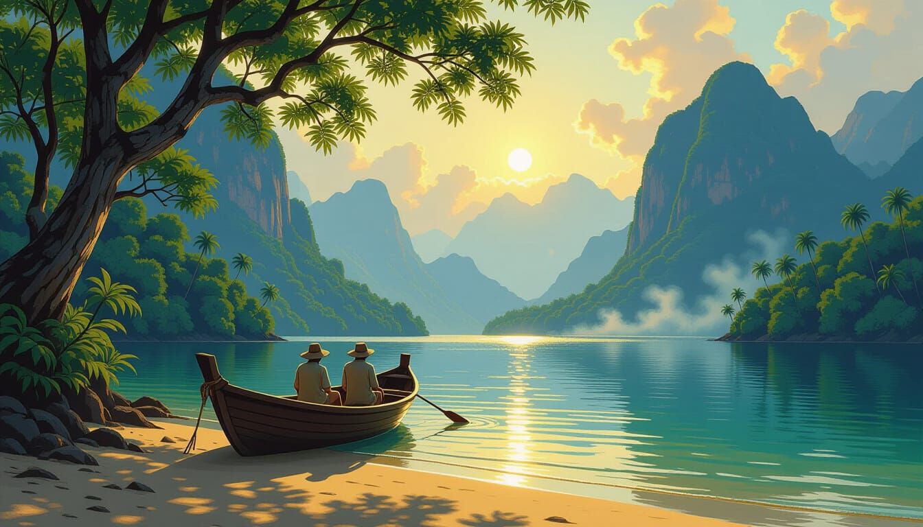 Travelers Disembark on Mysterious Island in Golden Hour Ligh...