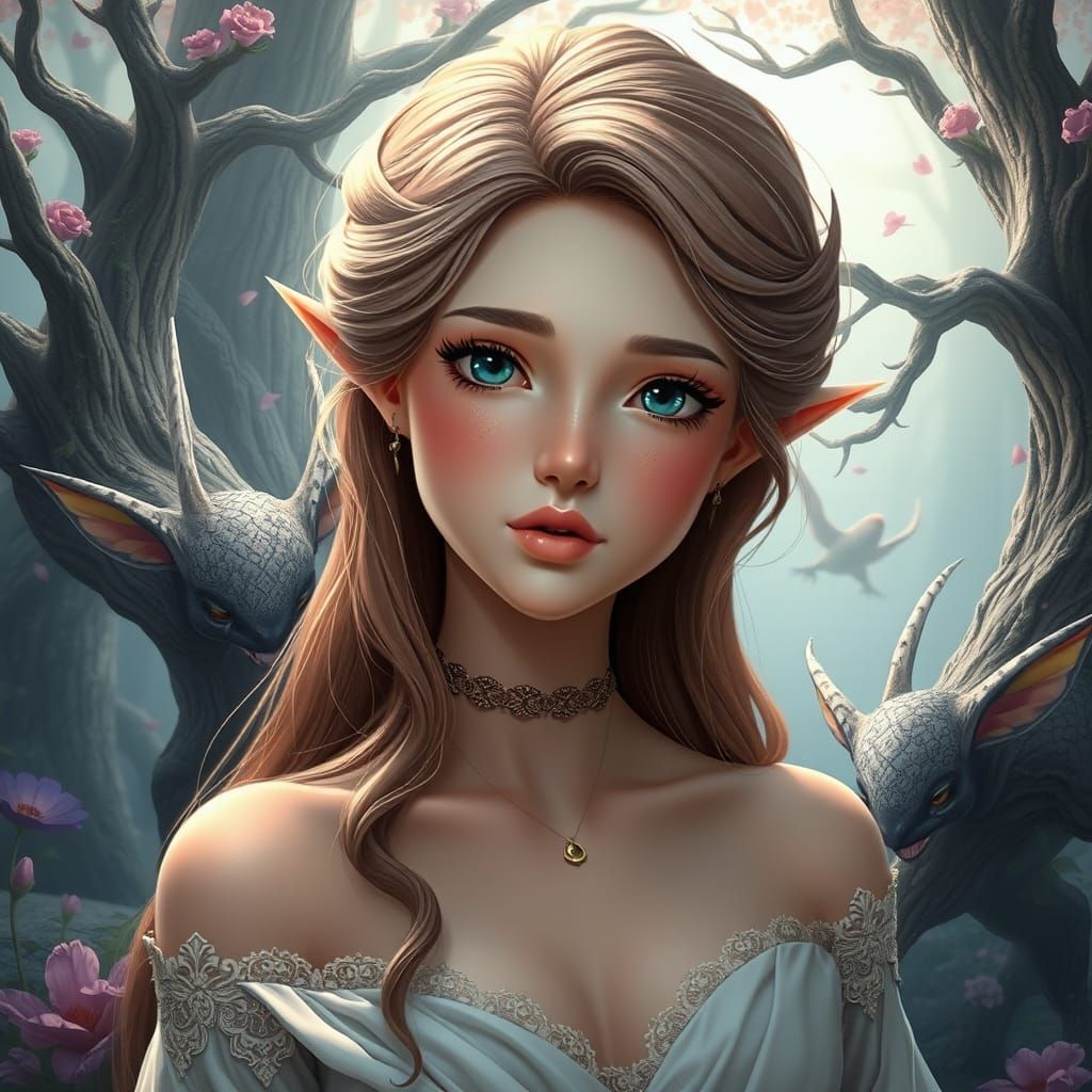 Enchanting Girl with Tree Elves: Digital Concept Art