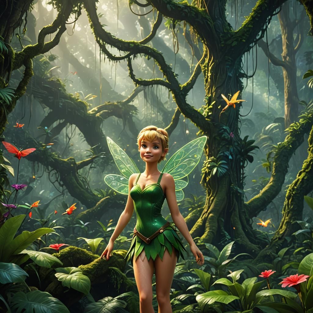 Tinkerbell in a Lush Rainforest, Detailed Matte Painting