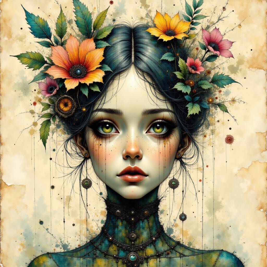 Somber Watercolor Portrait in Dendritic Forestpunk Style