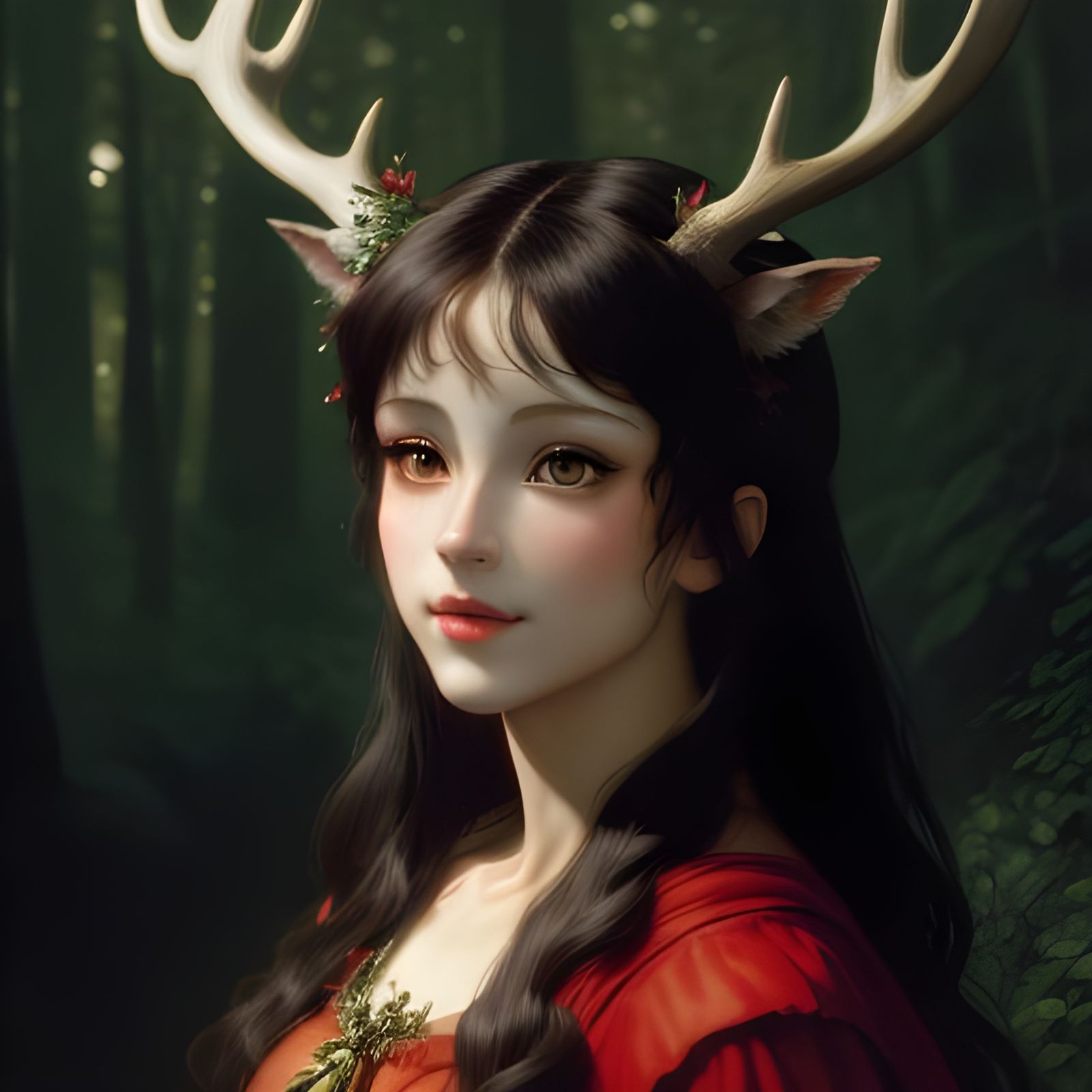 Red Riding Hood with Antlers, Hyperdetailed Portrait