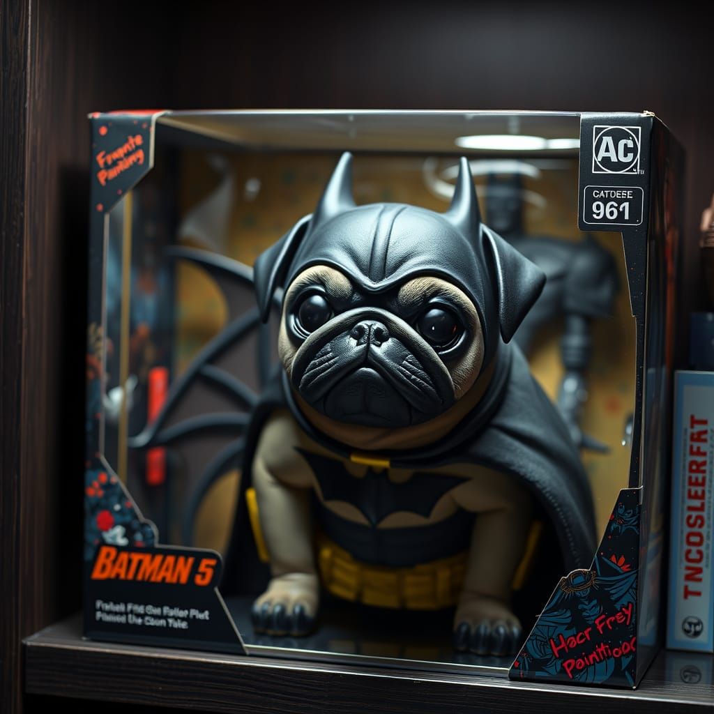 Fantastical Pug Batman in an Unreal Action Figure Box