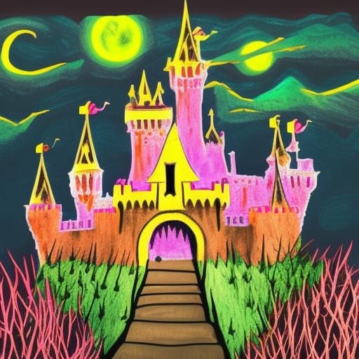 Dragon Over Thorn-Covered Castle: Crayon Wax Illustration