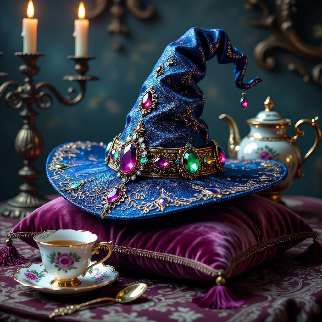 Ornate Jeweled Witch Hat with Mystical Ambiance