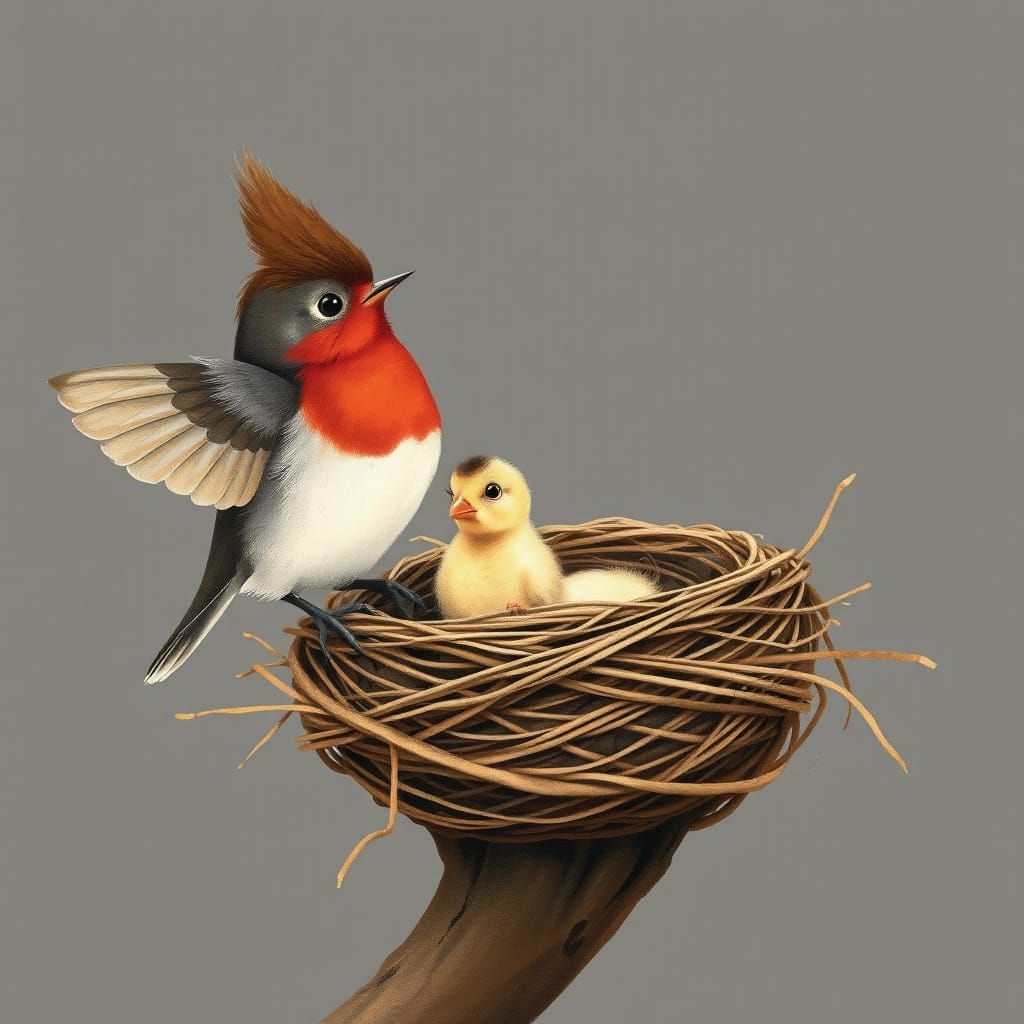 Robin Teaches Chick to Fly: Whimsical Art