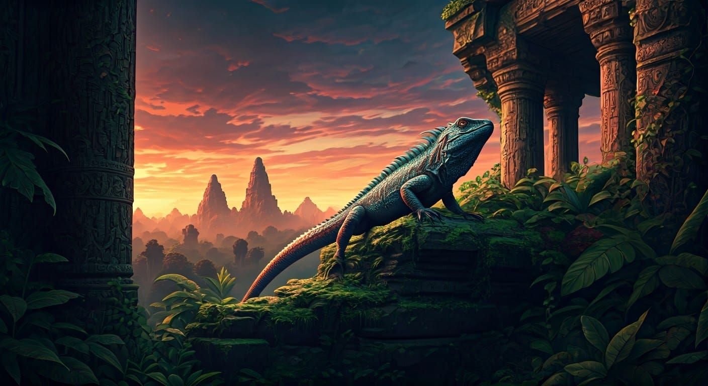 Majestic Lizard Amidst Vibrant Ruins in Maximalist Style