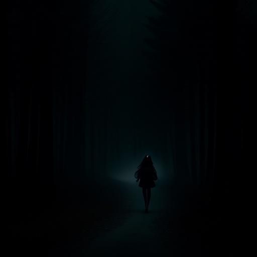 Ominous Shadows: Woman Running in Dark Forest