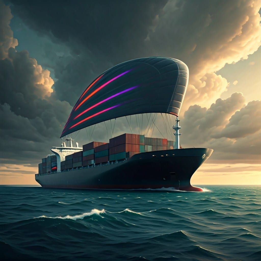 Futuristic Cargo Ship with Kite-Sail in Syd Mead Style