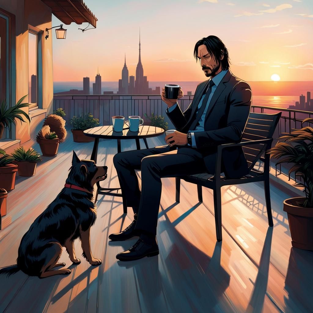 John Wick Enjoying a Calm Sunset Coffee