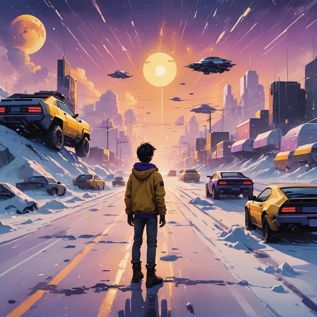 Boy on Snowy Road with Futuristic Cars in Watercolor