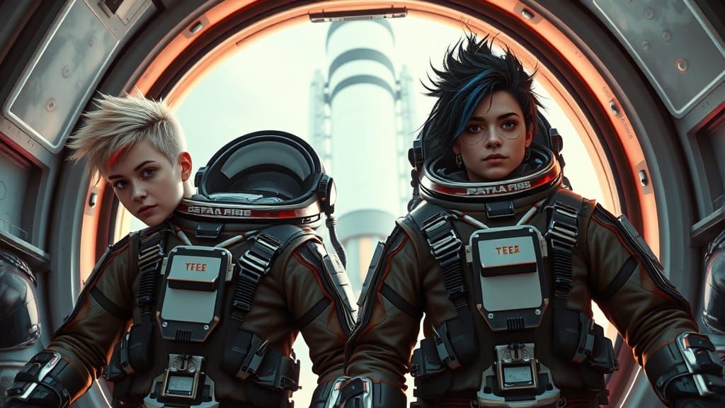 Female Astronauts Boarding Spaceship in Futuristic Concept A...