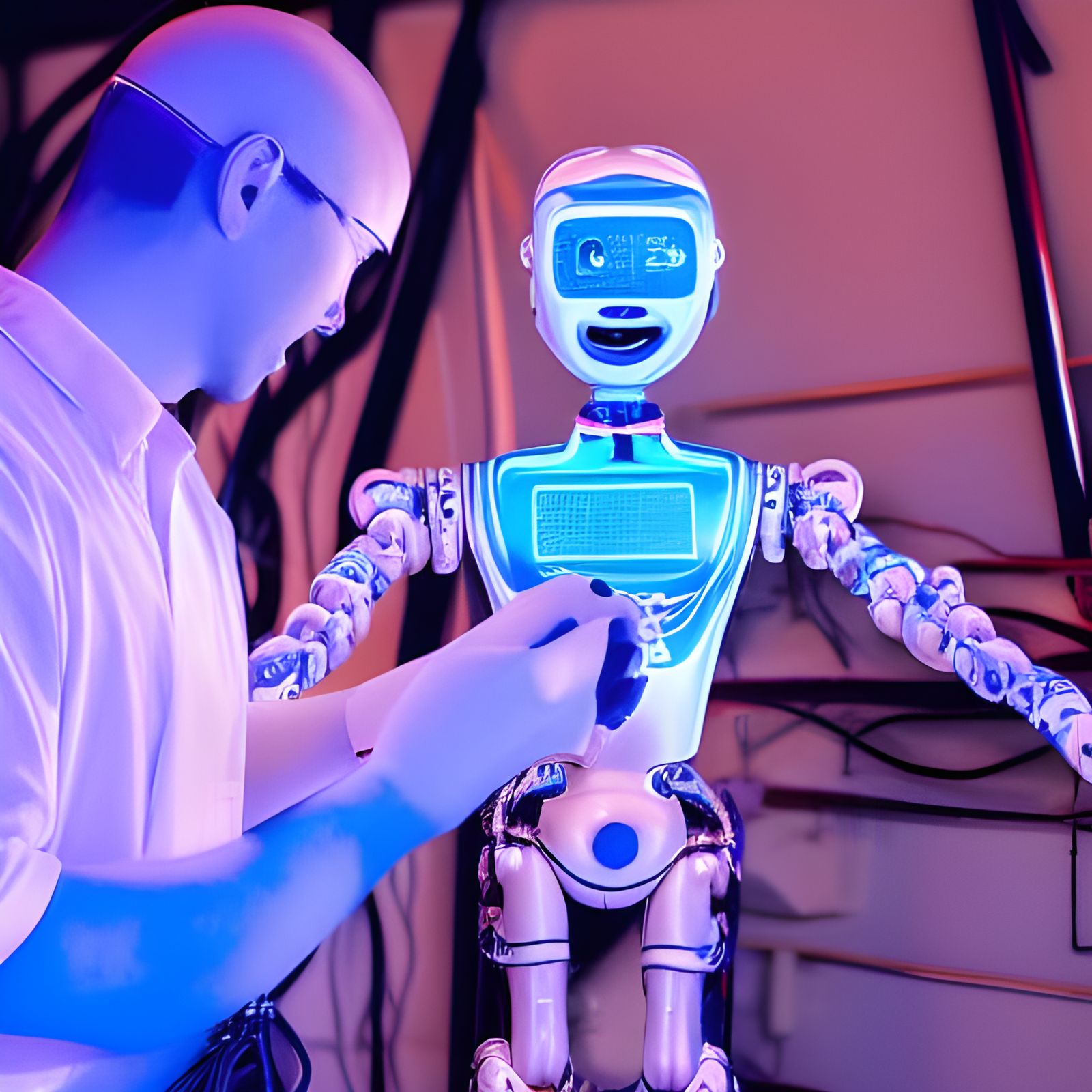 Technician Repairs Humanoid Robot with Steampunk Engine