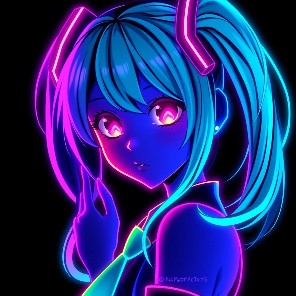 (Hatsune Miku),limited palette,black background,colorful,vib...