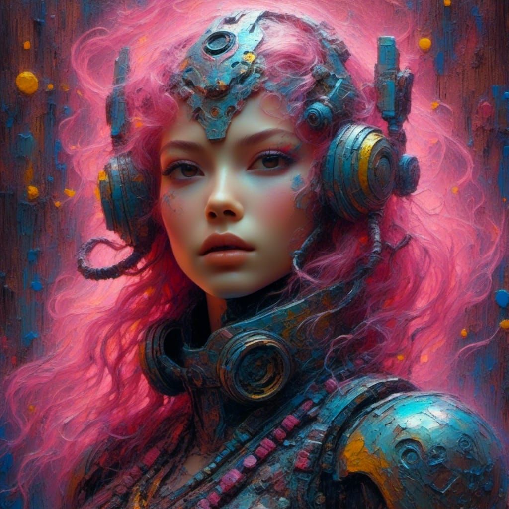 Android Cyborg with Bioluminescence as Grungy Oil Painting