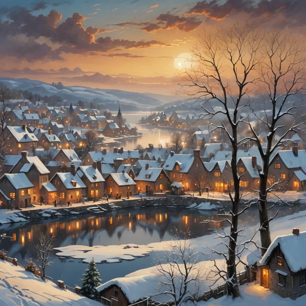 Idyllic Winter Village with Robin, Kinkade Style