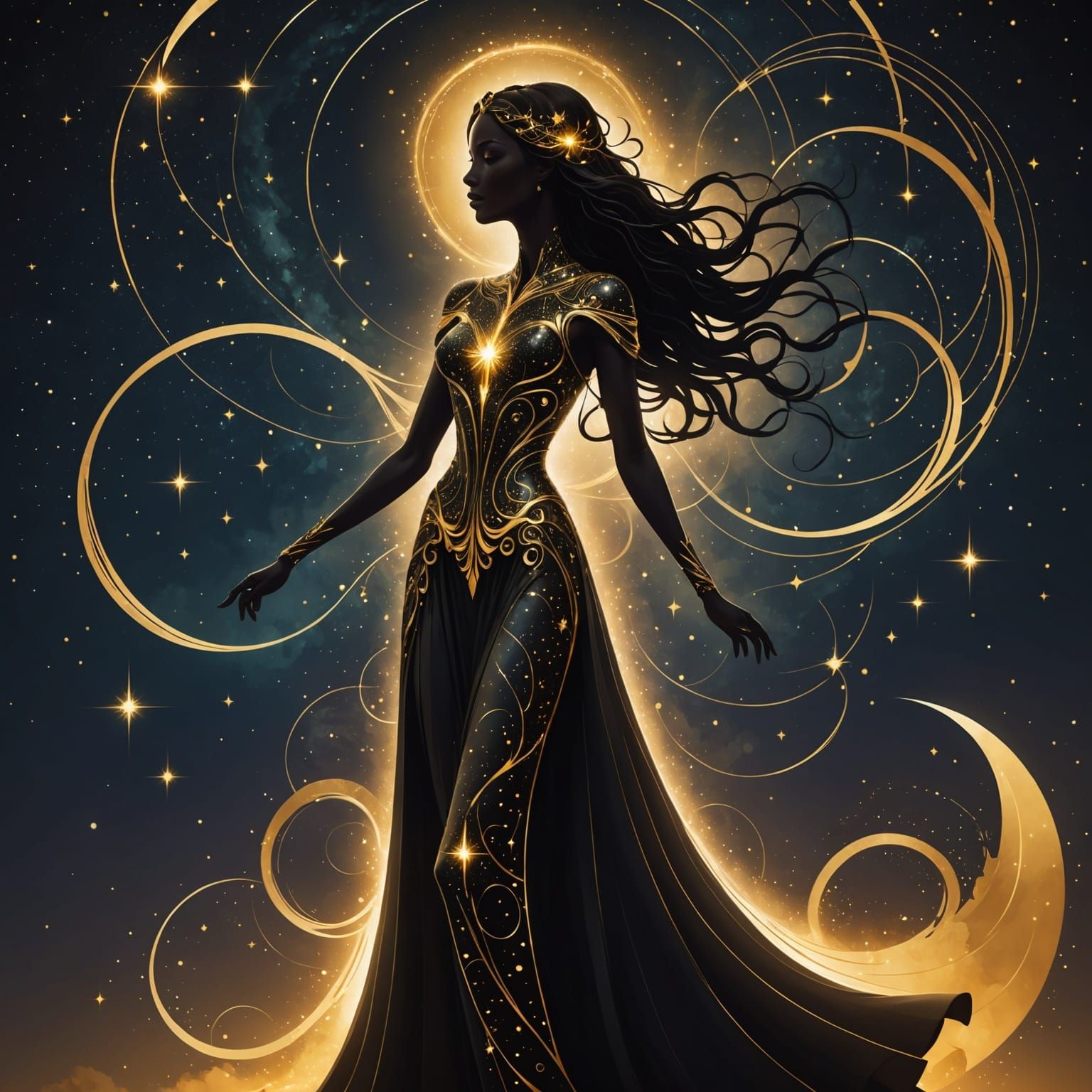 Starborn Oracle Silhouette in Golden Celestial Dress