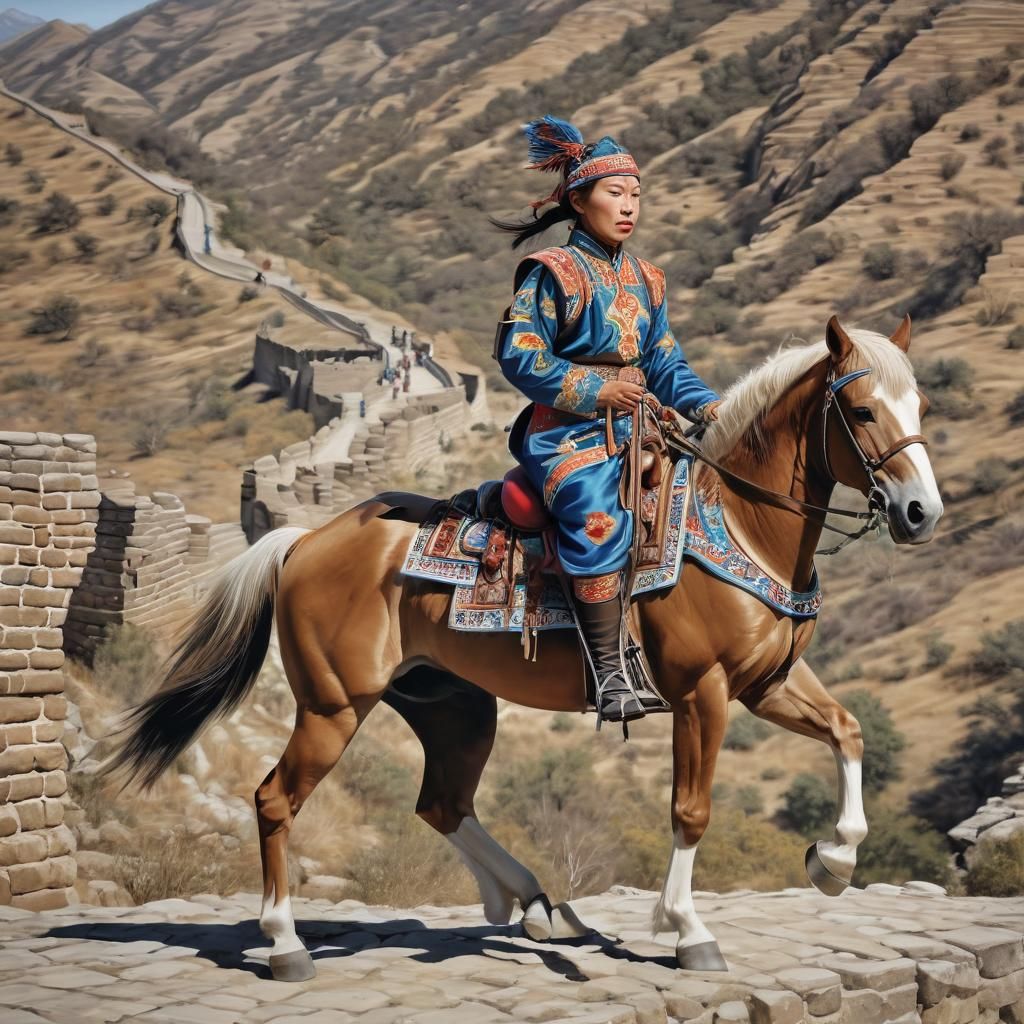 Mongolian Nomad on Great Wall in Needlepoint