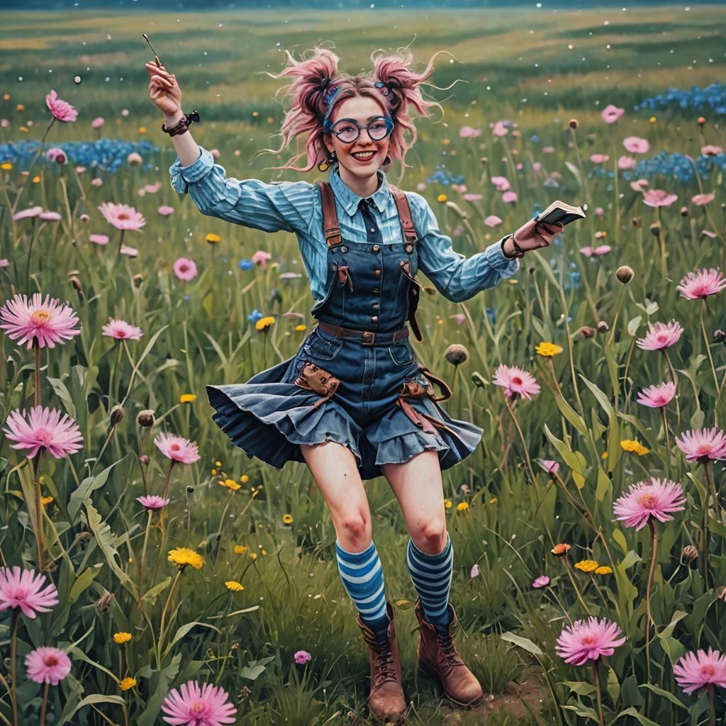 Freckled Girl Dancing in Dandelions with Steampunk Glasses