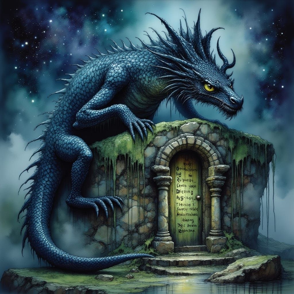 Ancient Obsidian Dragon on Temple Ruins