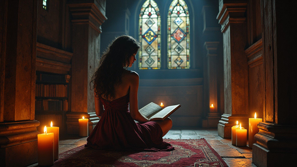 Mysterious Woman in Library with Floating Books
