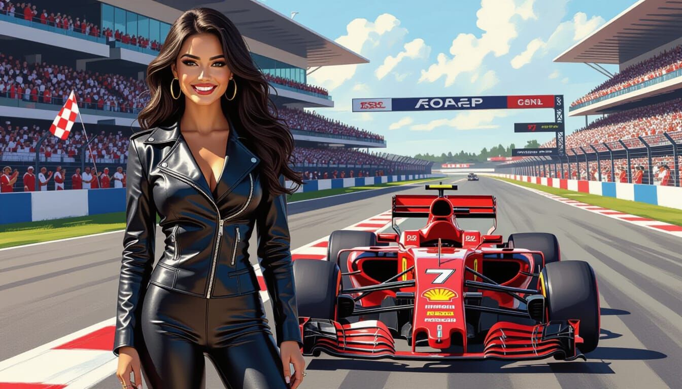 Pinup Model Poses with Classic Ferrari F1 Car