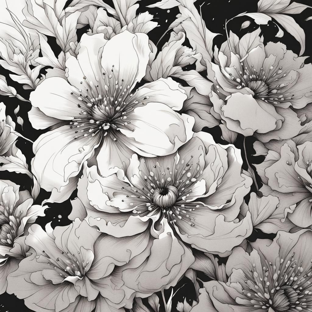 Floral Ink Drawing in Manga Anime Style