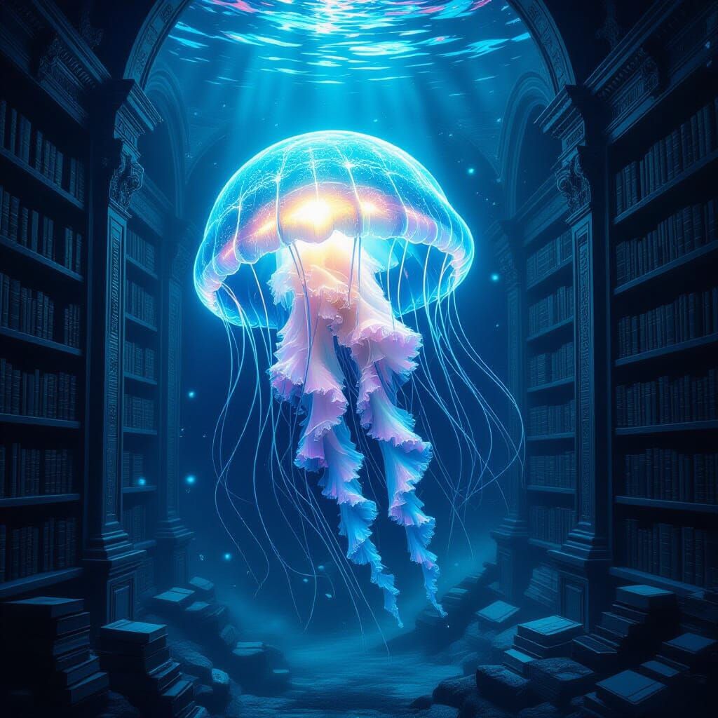 Bioluminescent Jellyfish in Sunken Ancient Library