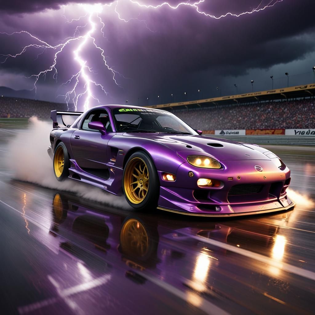 RX7 Drifting Under Lightning, Fantasy Concept Art
