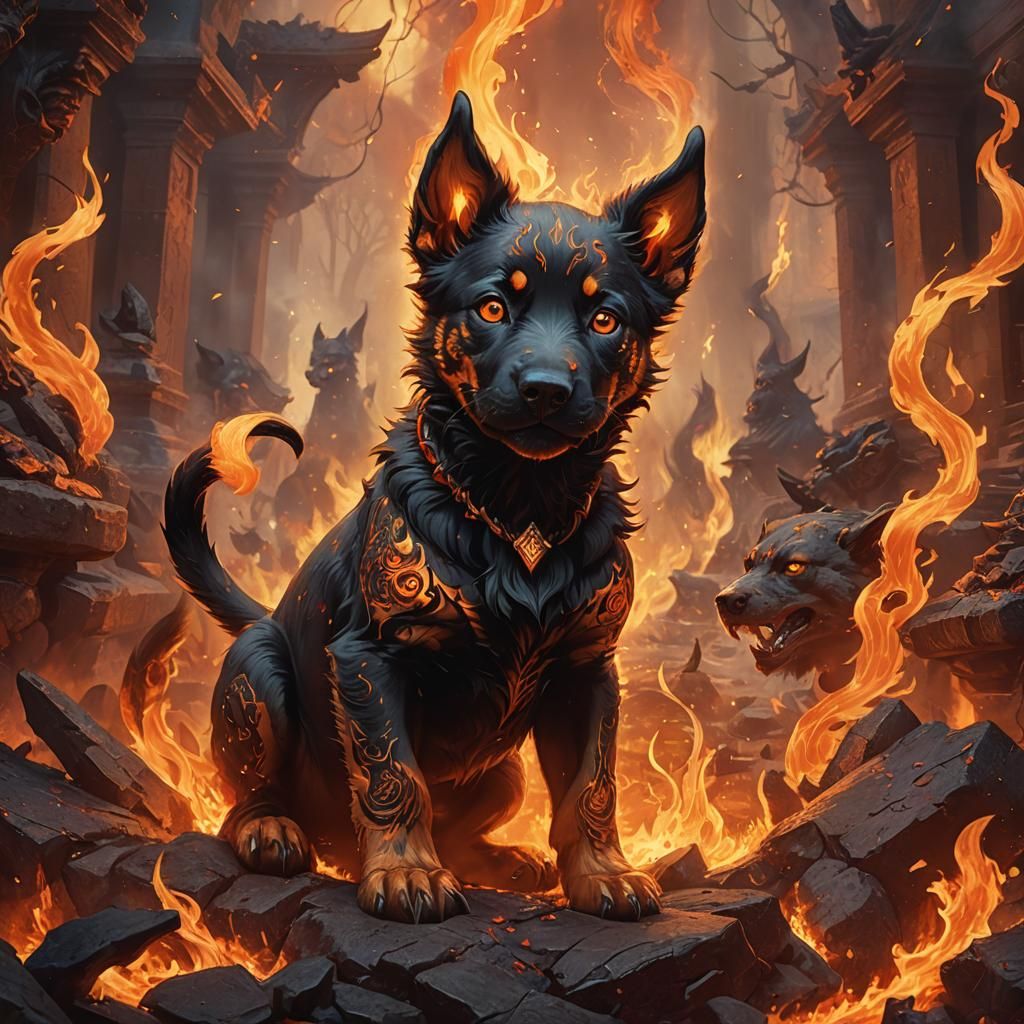 Hellhound Puppy in Fiery Ember-Lit Lair