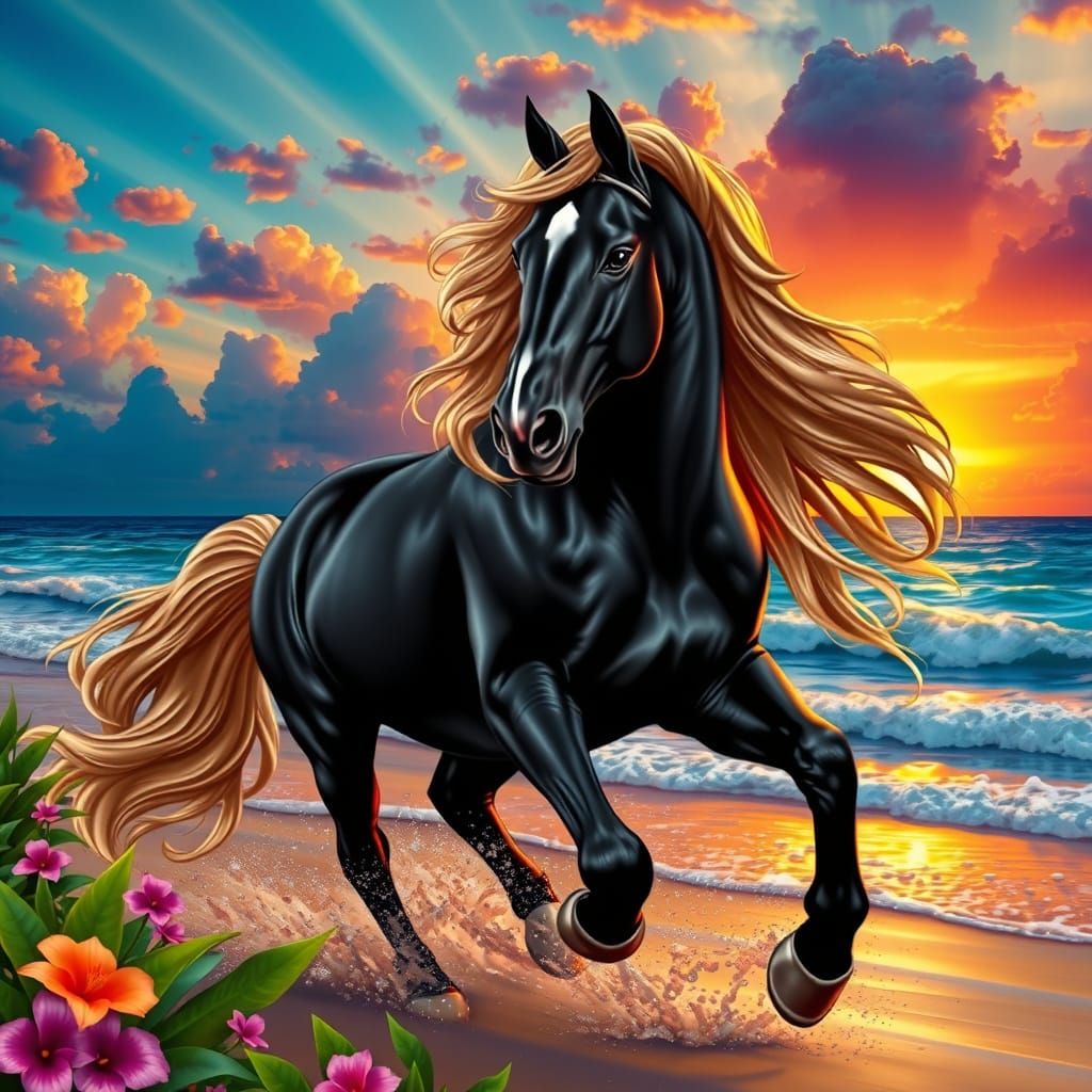 Majestic Black Arabian Stallion in Hyperrealistic Sunset Sce...