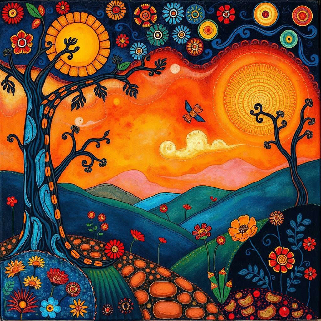 Whimsical Folk Art Scene in Earthy Colors