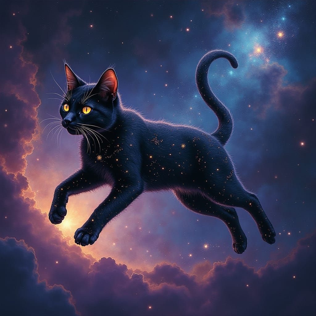 Cosmic Black Cat Leaps Through Galaxy in Art Nouveau Style