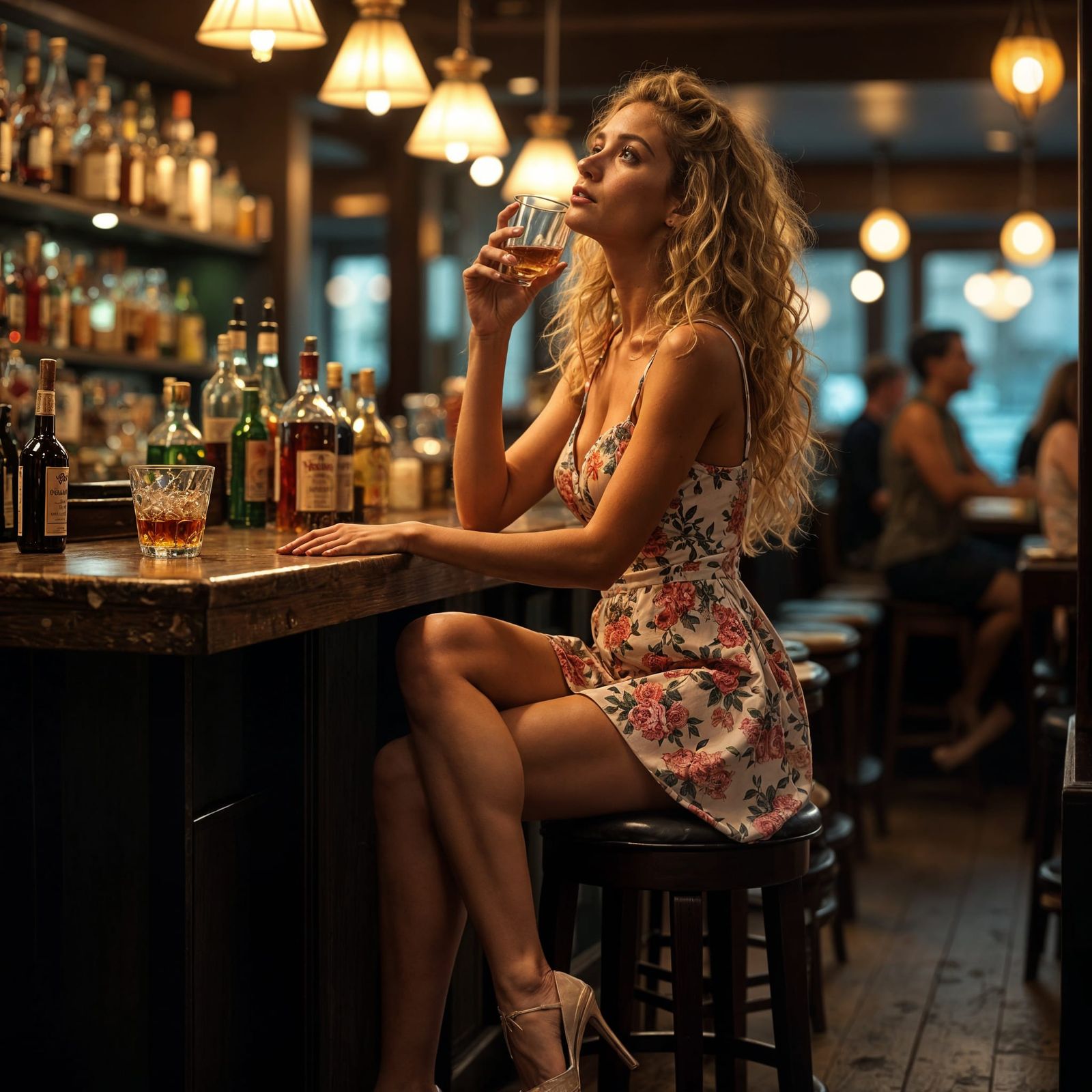 Sad Woman in London Bar at Night